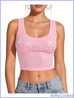 Rhinestone Crop Tank Top Square Stud Y2K Party Club Top